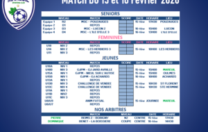 Programme des matchs 15 - 16 Fevrier