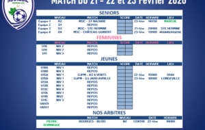 Programme match 21-22 et 23 Février