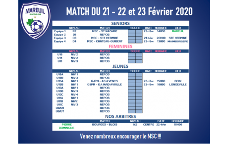 Programme match 21-22 et 23 Février